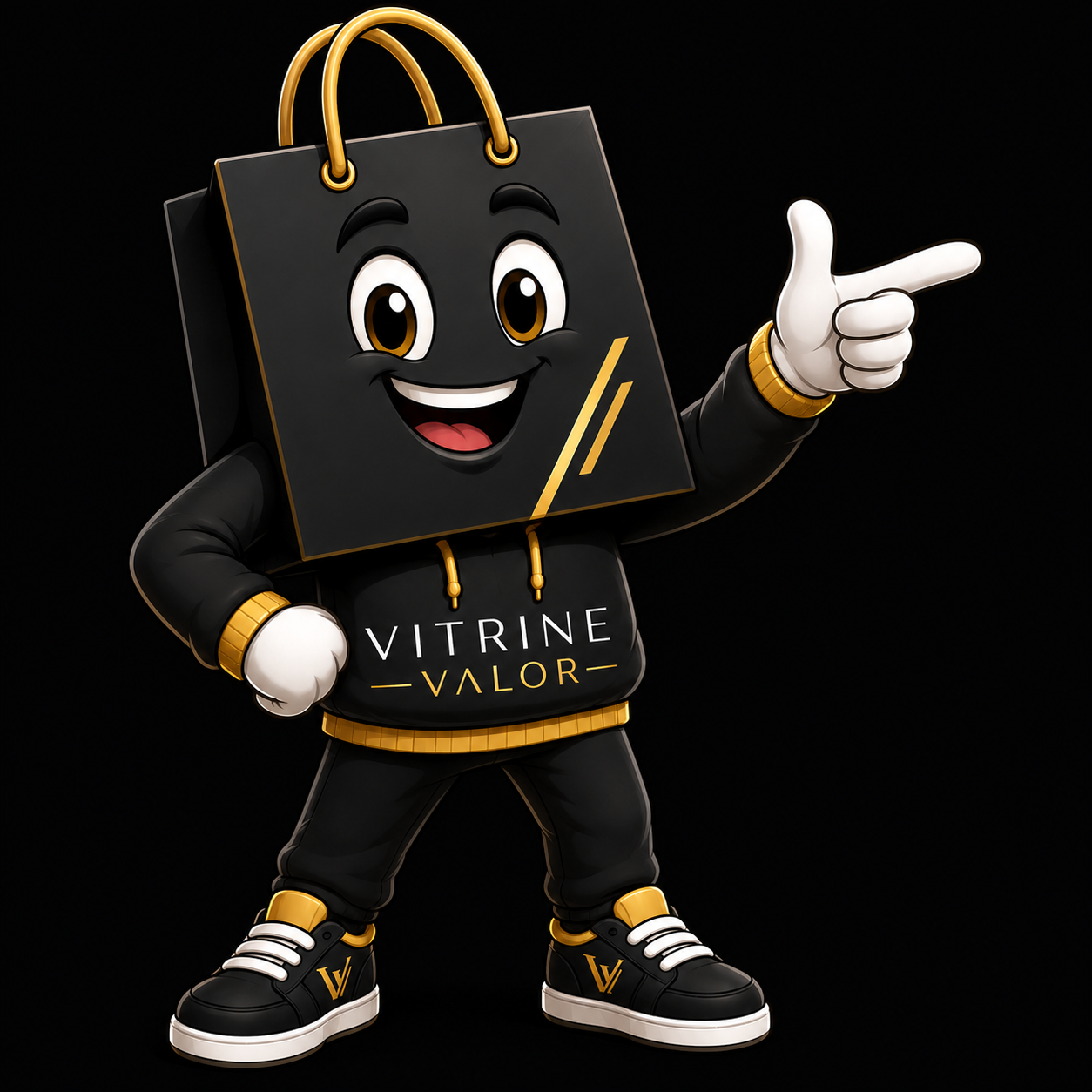 Mascote da Vitrine Valor: uma sacola preta e dourada sorridente